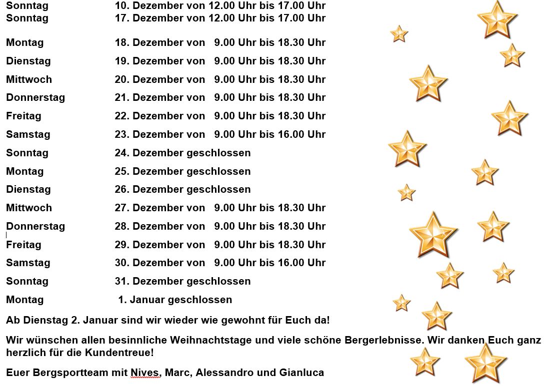 Tankstellen öffnungszeiten Weihnachten 2022 ÖFFNUNGSZEITEN WEIHNACHTEN UND NEUJAHR 2017 Norbert Joos Bergsport AG